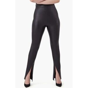 SPANX Faux Leather Front Slit Leggings Black Petite Large High Rise Shaping